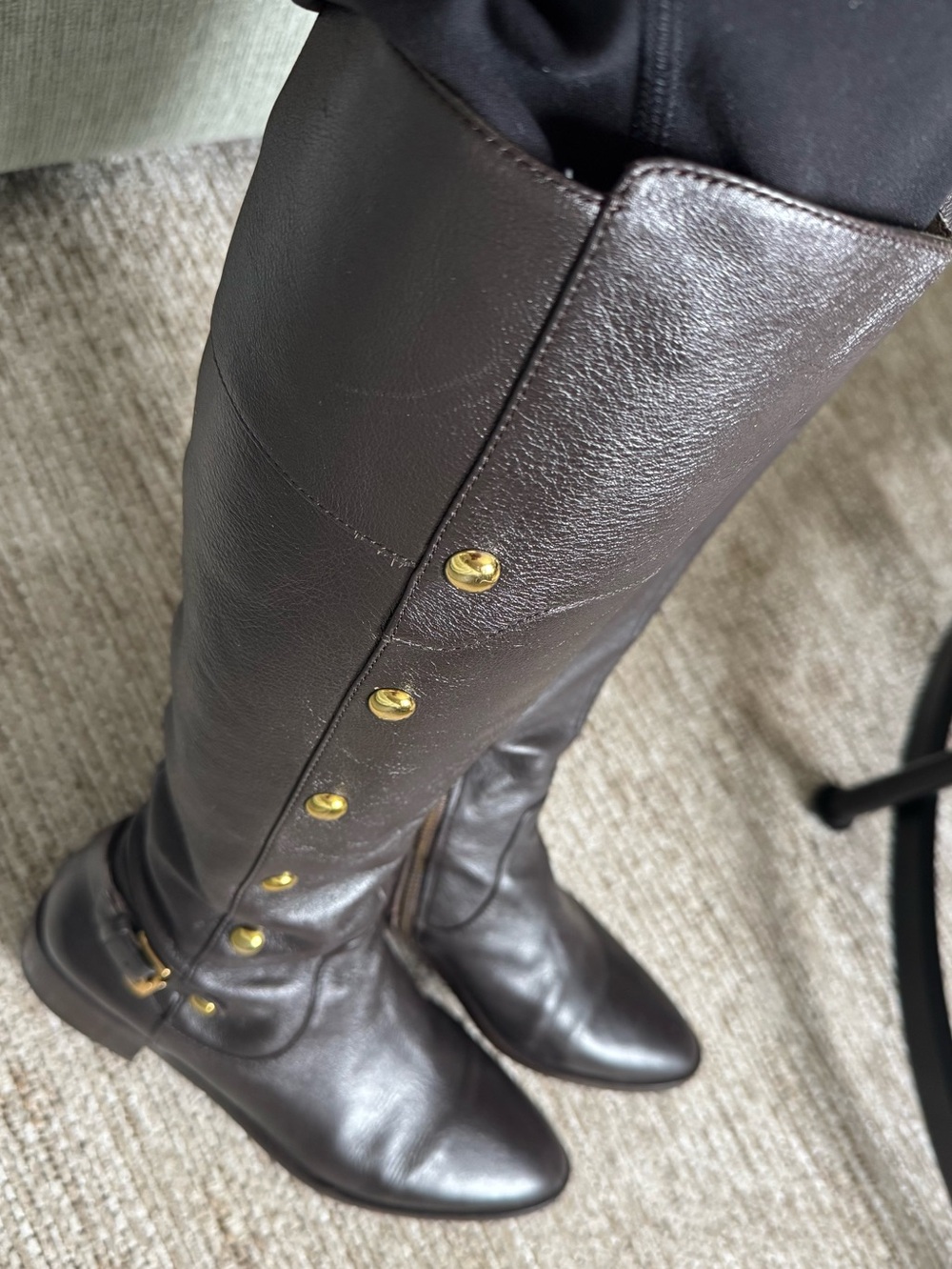 Michael Kors Tall Leather Riding Boots with Gold Accent - Dark Brown
